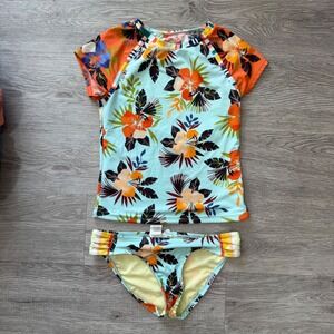 Hobie Girls Tropical Floral Rash Guard Two Piece Swimsuit Set Aqua Size 10